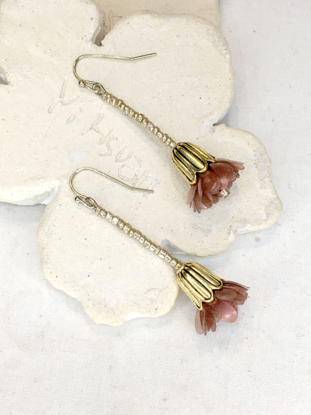 Budding Series No.2 | Agar Petals, Recycled Beads x Antique Bronze Hook Earrings | 54mmx15mm