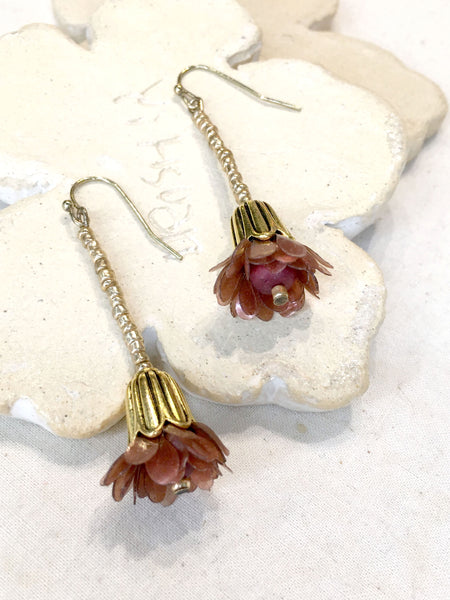 Budding Series No.2 | Agar Petals, Recycled Beads x Antique Bronze Hook Earrings | 54mmx15mm