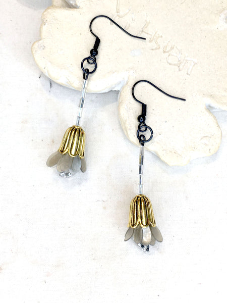 Budding Series No.3 | Agar Petals, Recycled Beads x Antique Bronze Hook Earrings | 65mmx 12mm