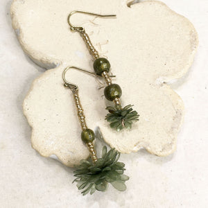 Bloom Series No.4 | Agar Petals, Beads x Antique Bronze Hook Earrings | 50mmx23mm, 55mmx12mm